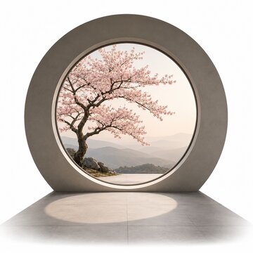 Circular stone gate with a blooming cherry blossom tree view