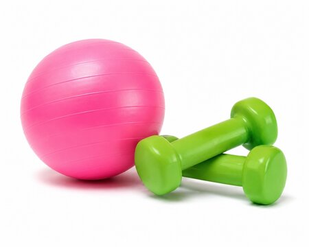 Pink fitness ball and two green dumbbells for exercise and workout