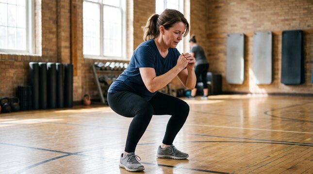 Middle aged woman performing a bodyweight squat exercise in a gym with wooden floor and brick walls