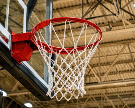 Red basketball hoop and net inside a large indoor sports gymnasium
