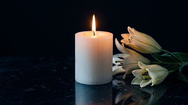 Memorial white candle with lily flowers on black background, funeral sympathy concept with burning wax candle and white lilies, peaceful mourning atmosphere for obituary and condolence