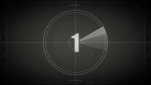 Vintage 35mm film leader countdown animation from 10 to 0 featuring distressed numerals, crosshairs, and analog grain.