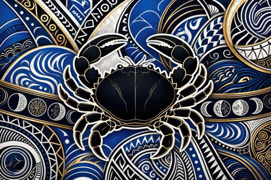 Luxurious Cancer Zodiac Crab Tribal Mosaic Vector Background