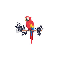 Fototapeta premium Parrot perched gracefully on a decorated branch surrounded by floral ornaments against a clean white background.