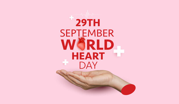 World Heart Day banner vector background with red anatomical heart in hand and heartbeat line for 29th September cardiovascular health awareness, cardiology medical care and campaign promotion design