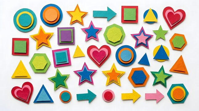 A collection of colorful hand drawn geometric shapes including stars hearts arrows circles squares and triangles isolated on a white background for design