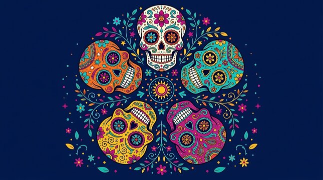 Colorful sugar skull decorative pattern design for day of the dead celebration with calavera