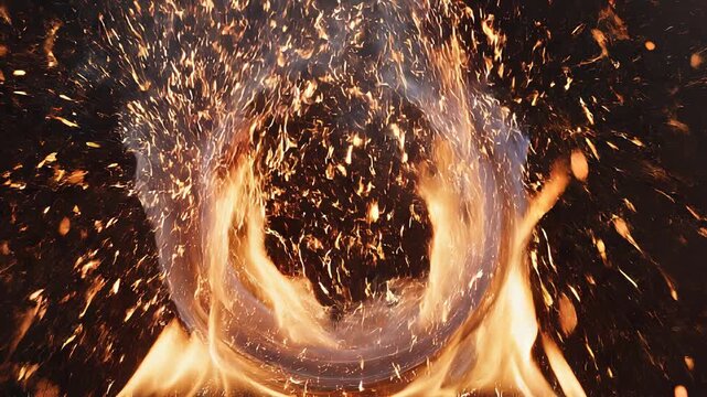 Circular smoke ring forming in fiery flames with sparks during a dark studio shoot with dramatic lighting