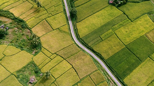 The Rice Fields From Above Amid Winding Road and Patchwork Landscape