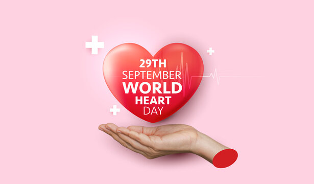 World Heart Day banner vector background with 3D red heart shape in hand and heartbeat line for 29th September cardiovascular health awareness, cardiology medical care and campaign promotion design