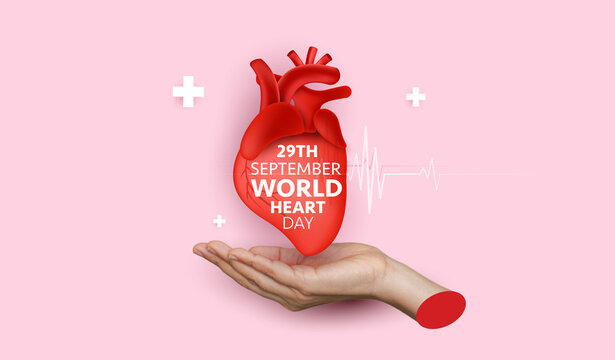 World Heart Day banner vector background with 3D red heart shape in hand and heartbeat line for 29th September cardiovascular health awareness, cardiology medical care and campaign promotion design