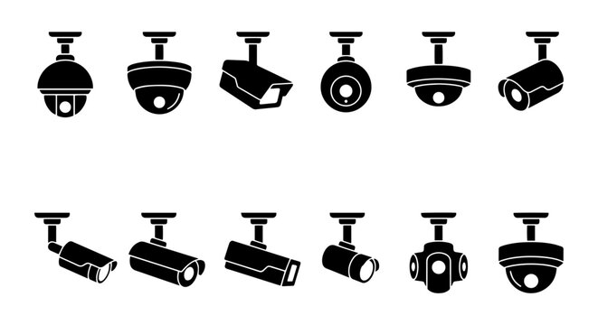 Security Camera Icons, Surveillance System Vector Set, CCTV Equipment Collection, Monitoring Technology Graphics