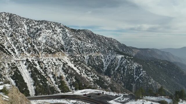 Angeles Crest Highway at Mount Islip Winter Snow Aerial Shot Forward California USA