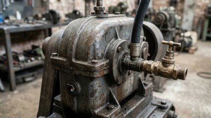 Fototapeta premium Industrial gearbox with worn metal finish and brass valve for fluid control, in workshop setting.