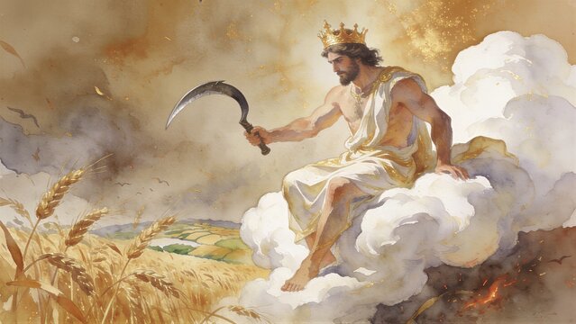 Man sitting on cloud holding sickle above wheat field. Biblical harvest of the world during the Apocalypse judgment. Artistic representation of Revelation prophecy and spiritual end times.