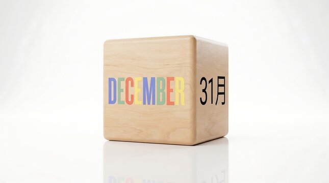 December 31 wooden calendar block on white background, New Years Eve date on natural wood cube with colorful text, minimalist end of year countdown timer for holiday business planning.