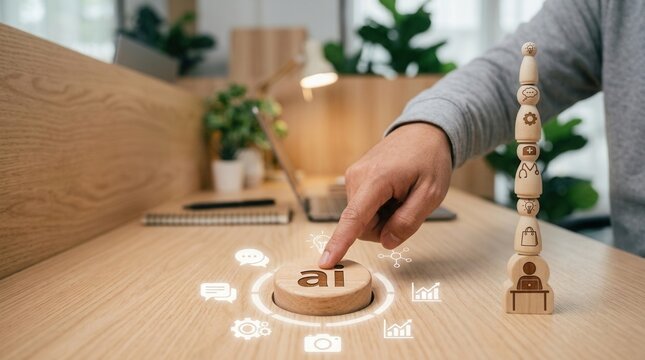 Implementing AI Technology: Hand Presses AI Button Surrounded by Symbolic Wooden Figures in Modern Office Setting