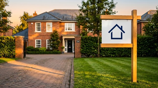 Luxury red brick house with real estate sign on green lawn, modern family home exterior for sale at sunset, upscale residential property with driveway and garden for housing market. Transparent