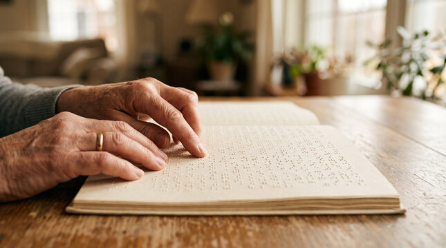 Close Up of Hands Reading a Braille Book