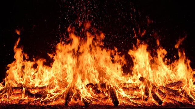 Continuous line of campfire flames burning intensely against a dark background with sparks flying