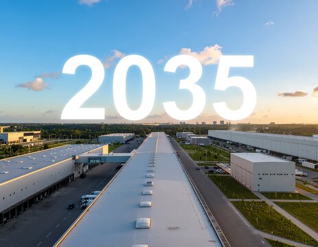 Aerial view of futuristic highway with year 2035 signage.