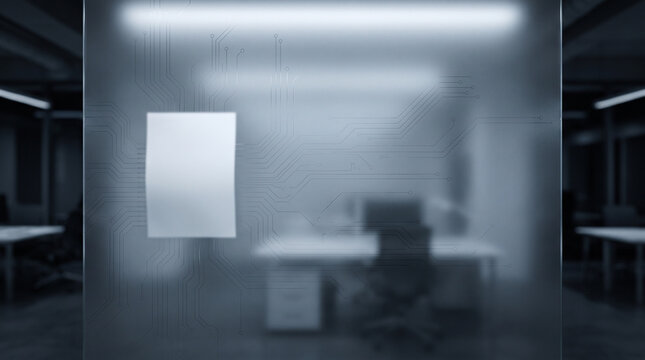 Blank Document on Frosted Glass with Circuit Pattern in Office