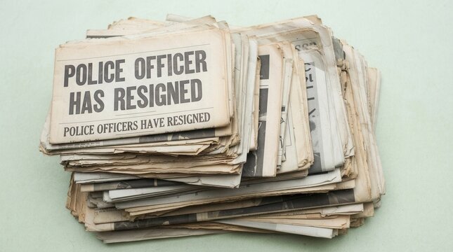 Pile of old newspapers featuring headlines Police officer has resigned on light green background