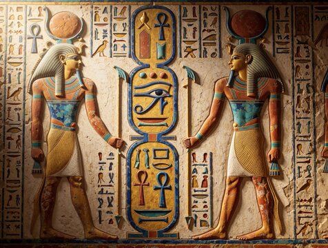 Ancient Egyptian pharaohs carved in stone bas-relief. Figures wear striped headdresses and kilts. Hieroglyphs and symbols fill the wall with detailed patterns and colors.