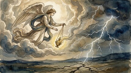 Fototapeta premium Angel holding golden censer above stormy landscape with lightning. Biblical scene of revelation and judgment. Artistic illustration representing apocalyptic prophecy and divine wrath.