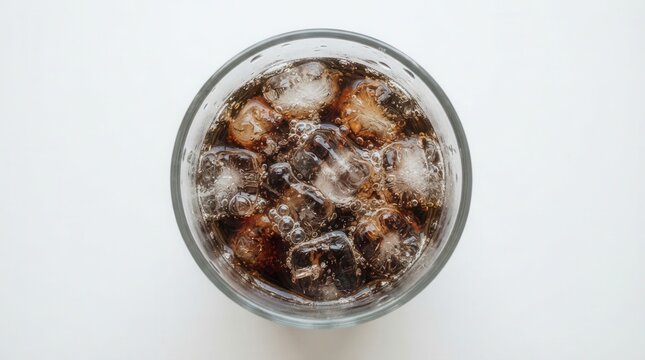 Refreshing Close-Up: Glass of Cola with Ice Cubes on White Background splashing Waves of Coolness.