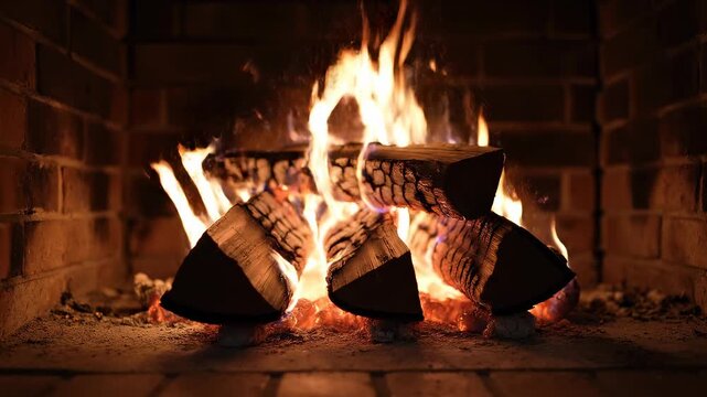 Crackling Fireplace Logs Burning Warmly with Embers Glowing in a Cozy Hearth Setting