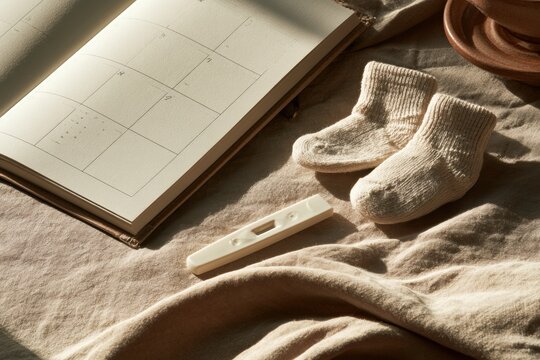 A pregnancy test lies next to tiny neutral socks and a planner all set on a clean surface. Natural daylight enhances the serene setting.