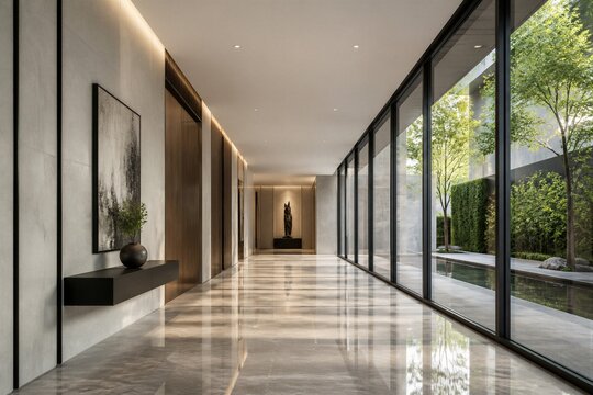Marble corridor reflecting light along glass wall garden