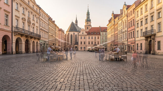 Historic European Market Square at Sunset with Long Exposure Figures