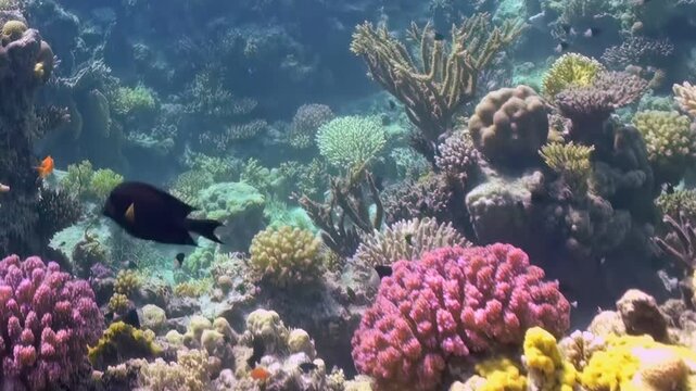 Experience the majestic underwater world brimming with vibrant corals and graceful fish. Observe the lively marine life thriving in clear, sunlit ocean waters, a true aquatic wonderland.