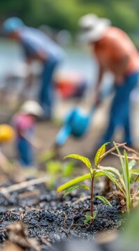Close up of a small green plant sprout growing in soil with blurred farmers working in background