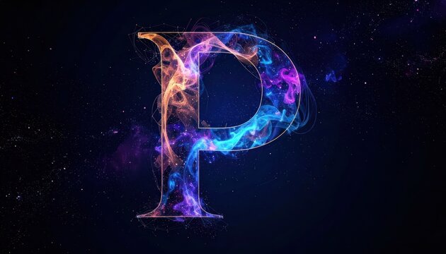 Vibrant abstract glowing letter P crafted from colorful smoky particles and energetic light trails against a dark cosmic background