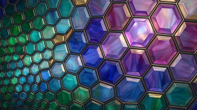 Hexagonal Stained Glass Pattern with Vibrant Blue Green and Purple Hues in Geometric Mosaic Design Featuring Hexagon, Colorful