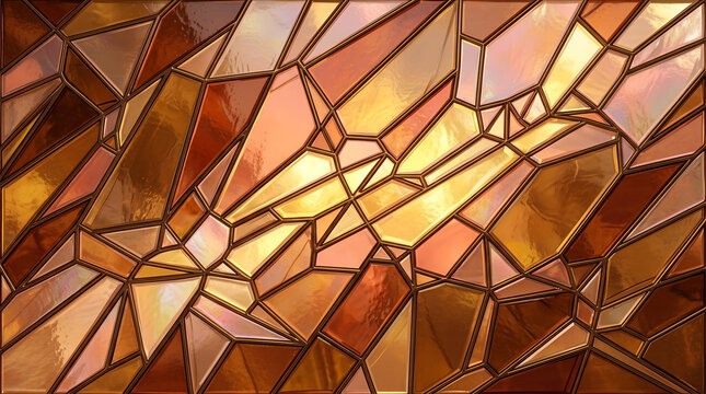 Stained Glass Panel with Amber and Gold Geometric Shards and Dark Lead Lines Featuring Abstract, Design, Pattern with Art