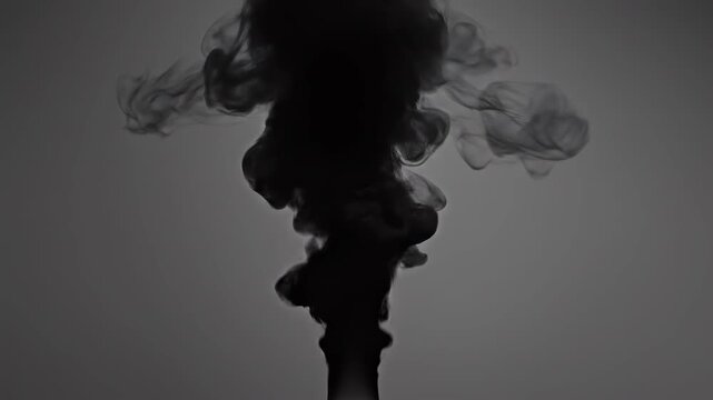 Dark smoke plume expanding against a subtle gradient background with cinematic motion and selective focus