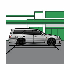 Naklejka premium White station wagon illustration with black rims and spoiler.