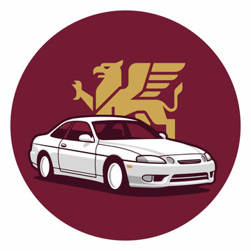 White sports car with golden griffin emblem design.