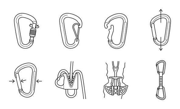 Climbing carabiners and rope ascender device for safety equipment.