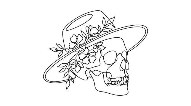 Single line art of skull wearing floral hat with minimalist continuous illustration botanical