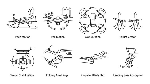 Drone movement capabilities and flight control system components illustrated.