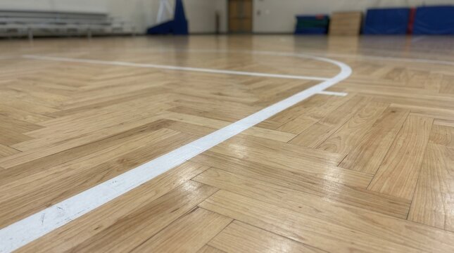 Wooden Basketball Court Floor with Diagonal Planks and White Lines in Gymnasium Setting