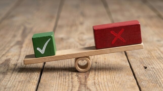 Wooden scale showcasing ethical business decisions with green check mark and red cross on seesaw against blurred background