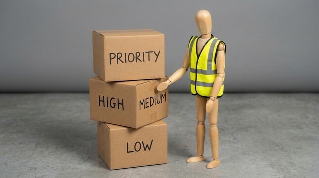 Wooden Mannequin in High Visibility Vest Organizing Priority Levels with Cardboard Boxes for Effective Task Coordination