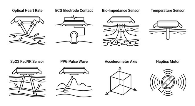 Smartwatch sensors for optical heart rate bio-impedance ECG and temperature.