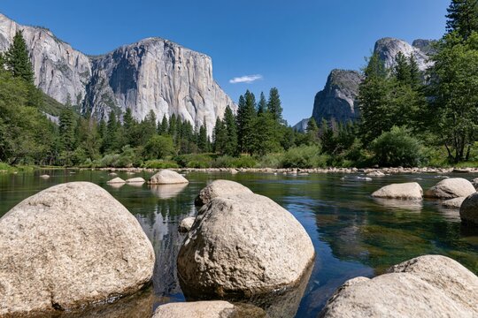 The River Rockscape Amid Towering Granite Cliffs and Pine Forests